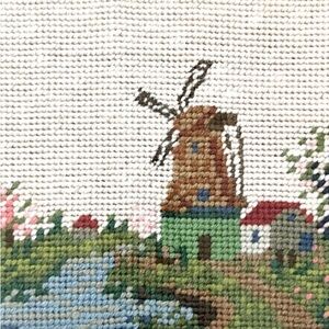 Vintage Needlepoint Framed Picture of Windmill Ready to Hang in Wooden Frame